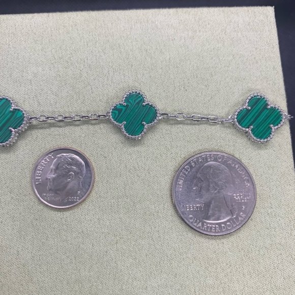 Clover Bracelet, 5-Motif Quatrefoil Alhambra, Green Malachite & Gold, New - Picture 7 of 7